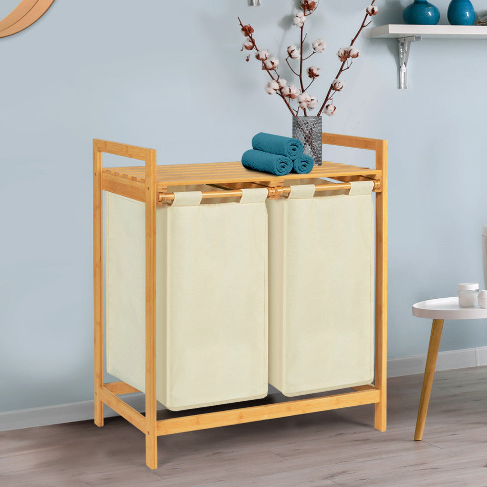 Panier à linge Maya deux compartiments en bambou beige