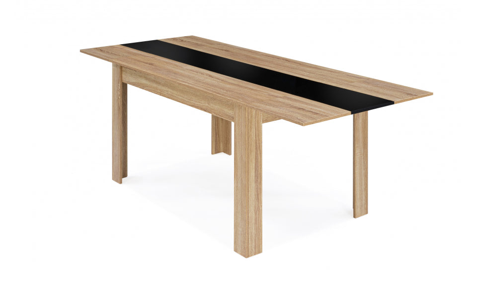 Table repas contemporaine extensible Gloria 140-220cm plateau naturel et chemin de table noir