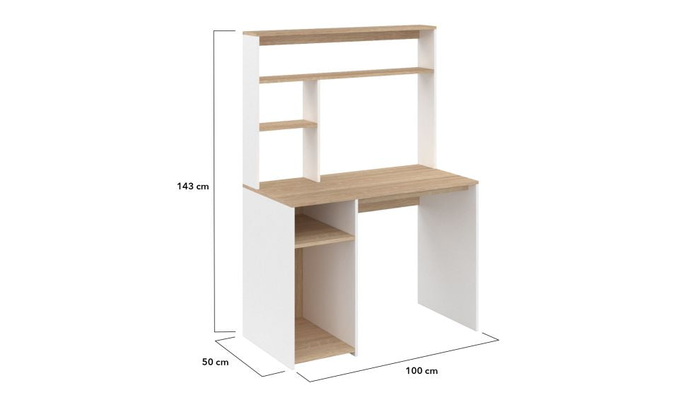 Bureau Danny avec étagères de rangement bois et blanc