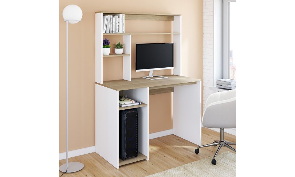 Bureau Danny avec étagères de rangement bois et blanc