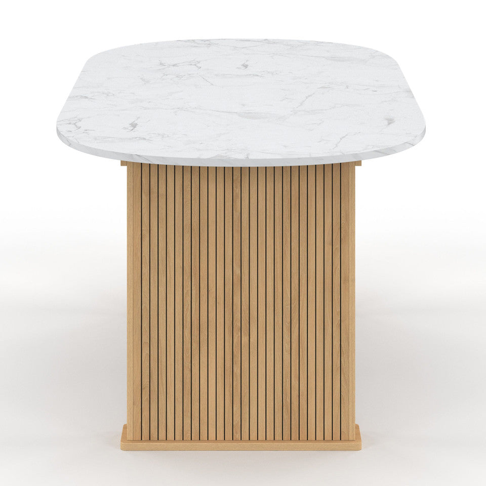 Table repas Marceau plateau extensible 160-200cm arrondi effet marbre et pieds lattes