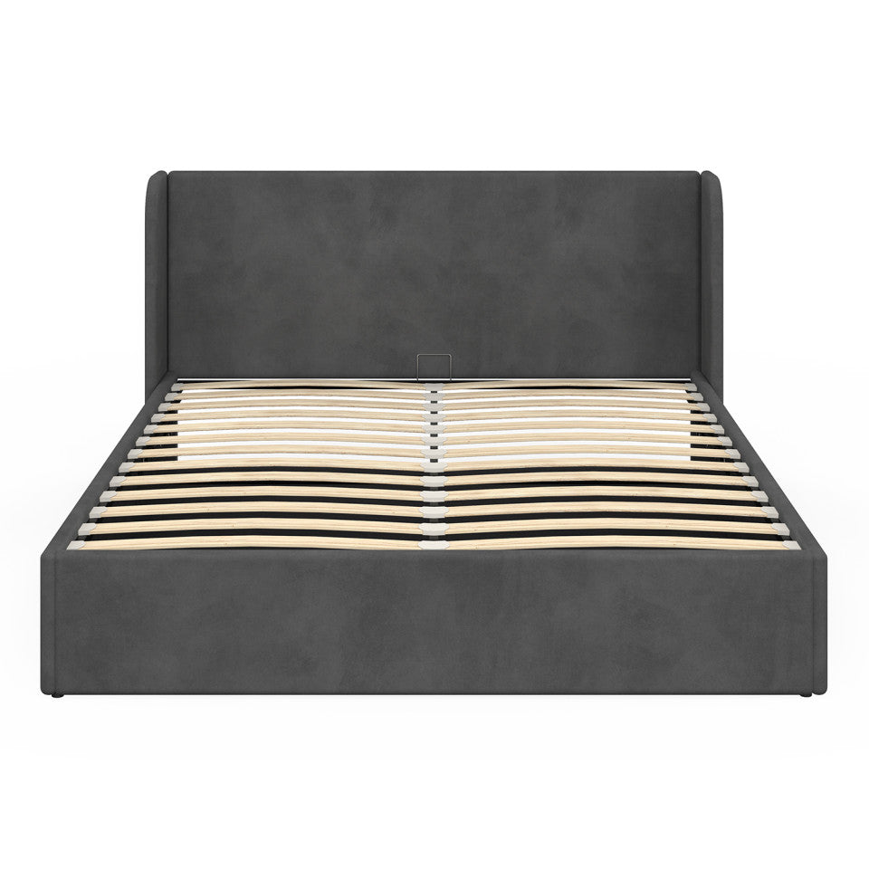 Lit coffre Lucia en velours gris avec sommier et tête de lit 160x200cm