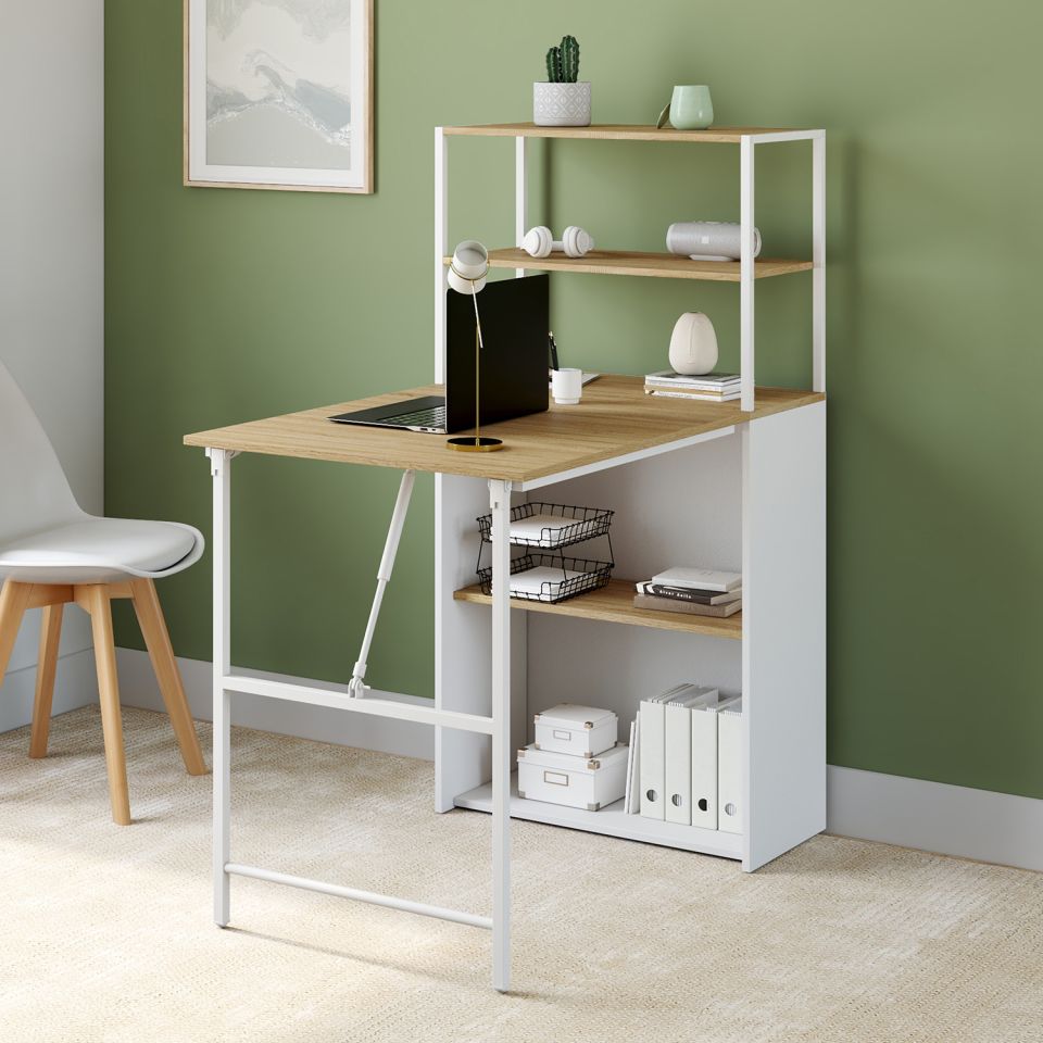 Bureau bibliothèque 2 en 1 pliable Raya blanc et bois