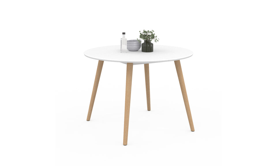 Table repas Stacy 110cm plateau rond blanc et pieds bois