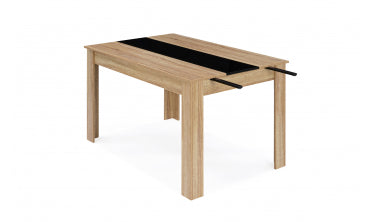 Table repas contemporaine extensible Gloria 140-220cm plateau naturel et chemin de table noir