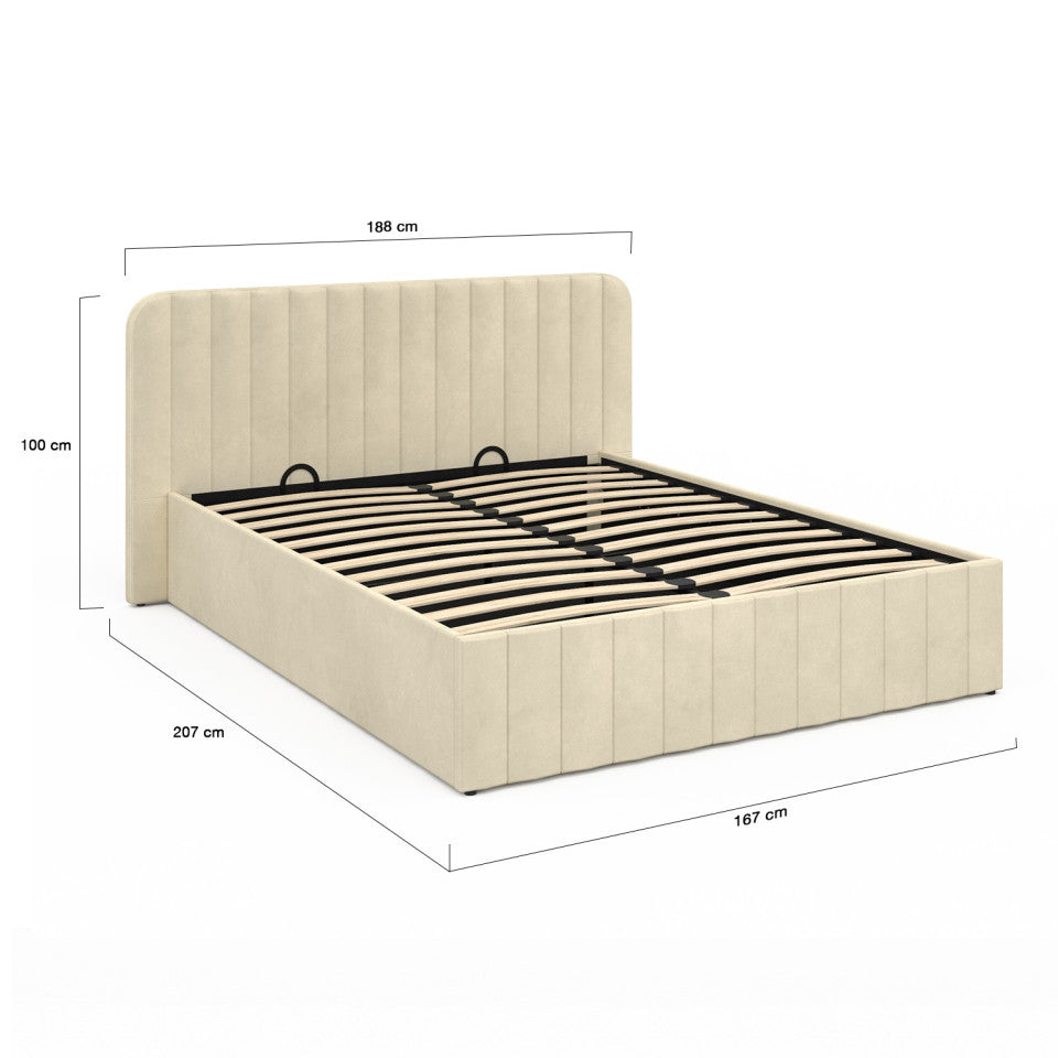 Lit coffre Valentina en velours beige avec sommier et tête de lit 160x200cm