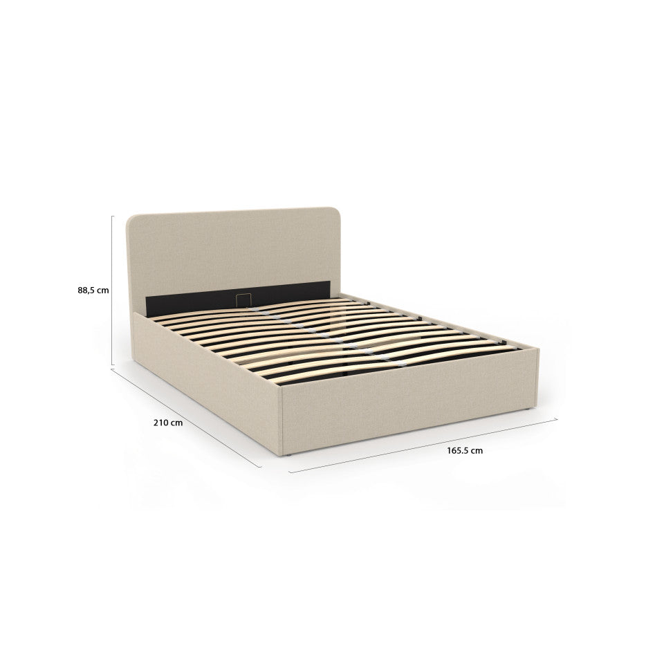Lit coffre Louise en tissu beige avec sommier et tête de lit arrondie 160x200cm