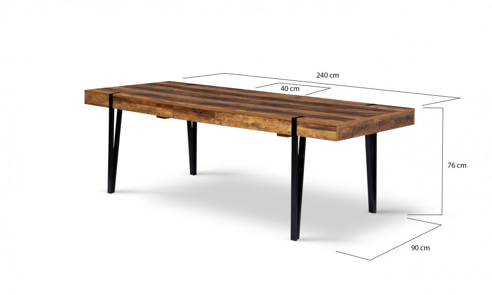 Table repas extensible Hudson 200-240cm plateau effet bois vieilli et pieds noirs