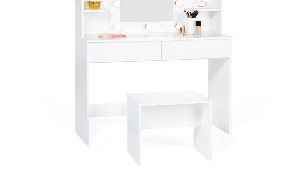 Coiffeuse Zita blanche double étagères, miroir LED et tabouret