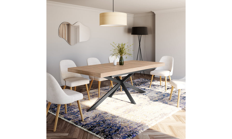 Table repas extensible Memphis 200-240cm plateau bois avec rangement intégré et pieds croisés noirs