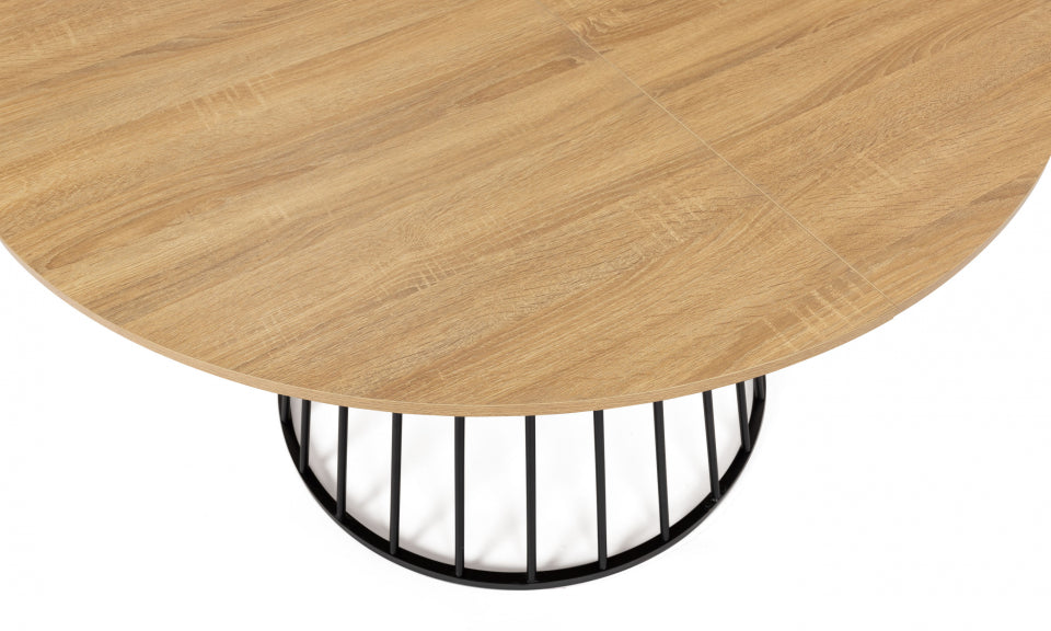 Table repas Adelle plateau rond bois 120cm et pied filaire noir