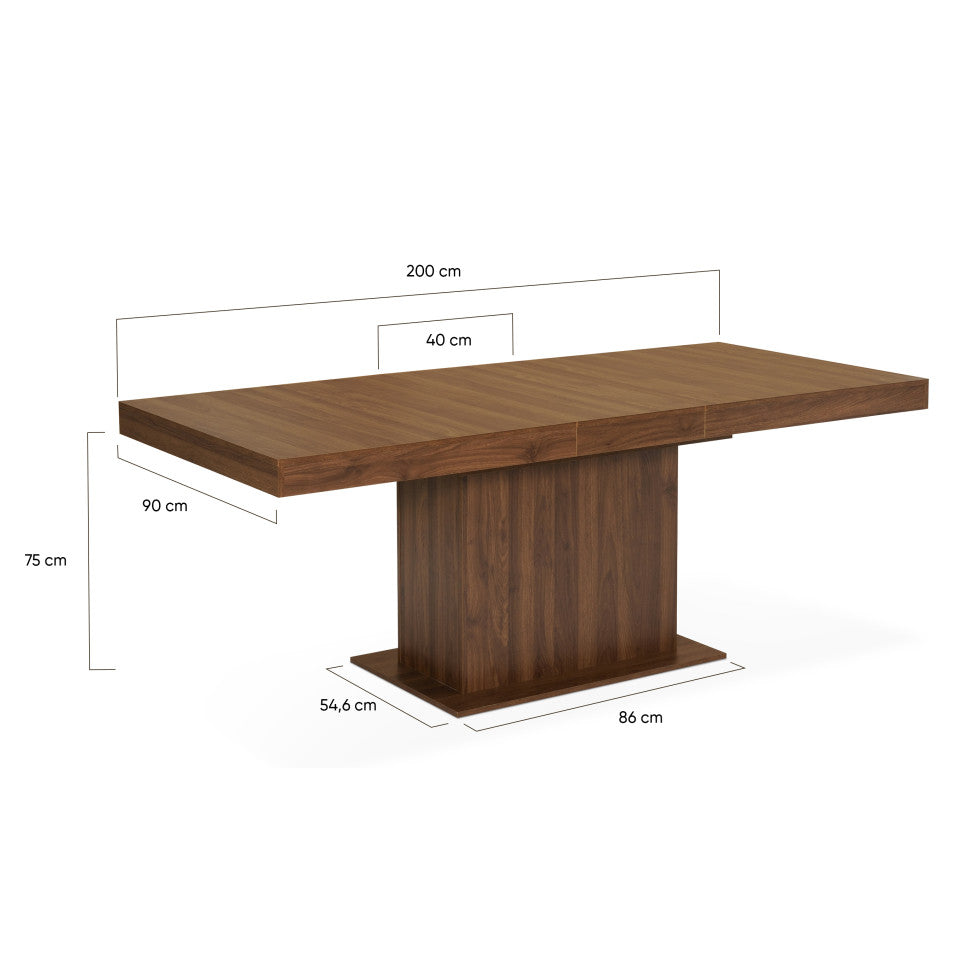 Table repas extensible Tania 160-200cm plateau et pied central effet noyer
