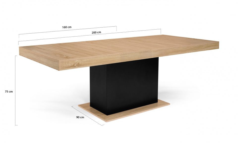 Table repas extensible Tania 160-200cm plateau bois et pied central noir