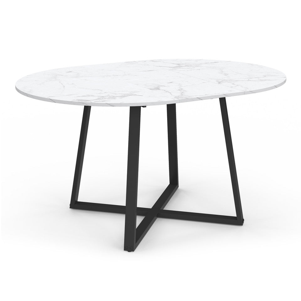 Table repas Sana plateau extensible 110-150cm rond effet marbre et pieds noirs