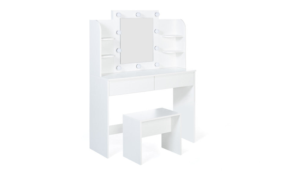 Coiffeuse Zita blanche double étagères, miroir LED et tabouret