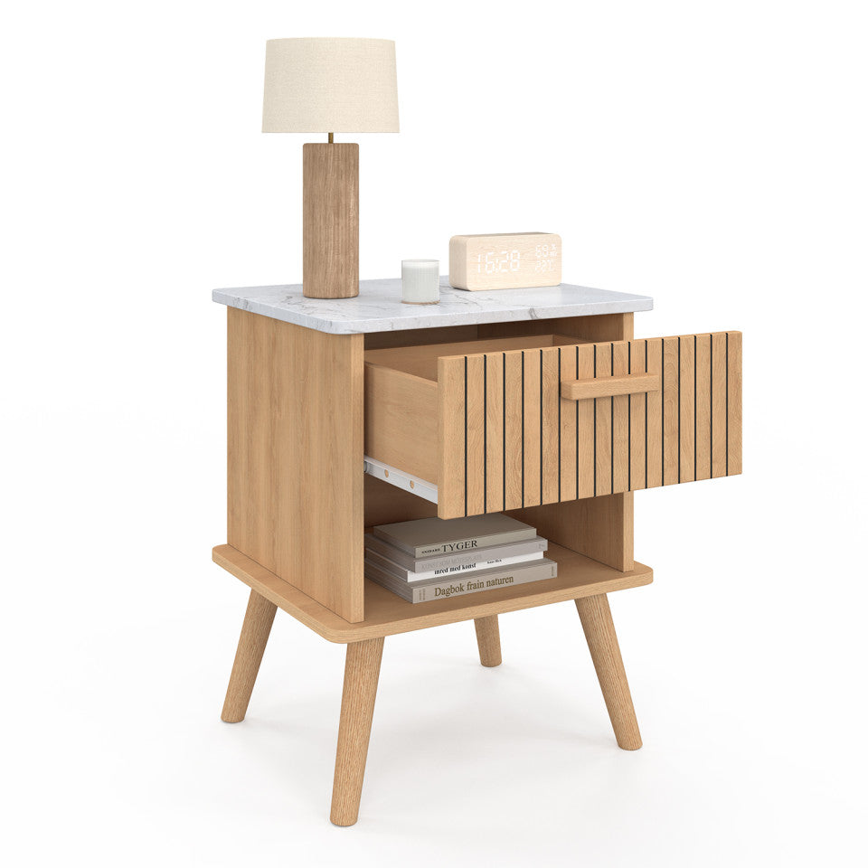 Tables de chevet Marceau effet lattes et dessus marbre 1 tiroir - lot de 2