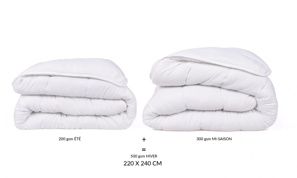 Couette double extra chaude blanche 4 saisons 220x240cm - microfibres 200 + 300 g/m2