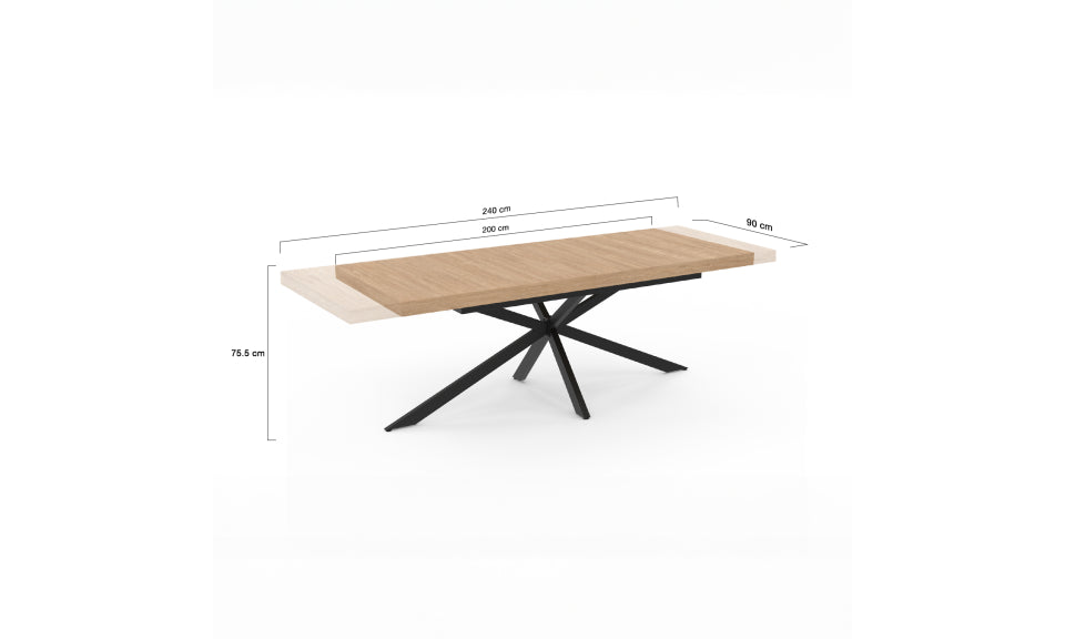 Table repas extensible Memphis 200-240cm plateau bois avec rangement intégré et pieds croisés noirs