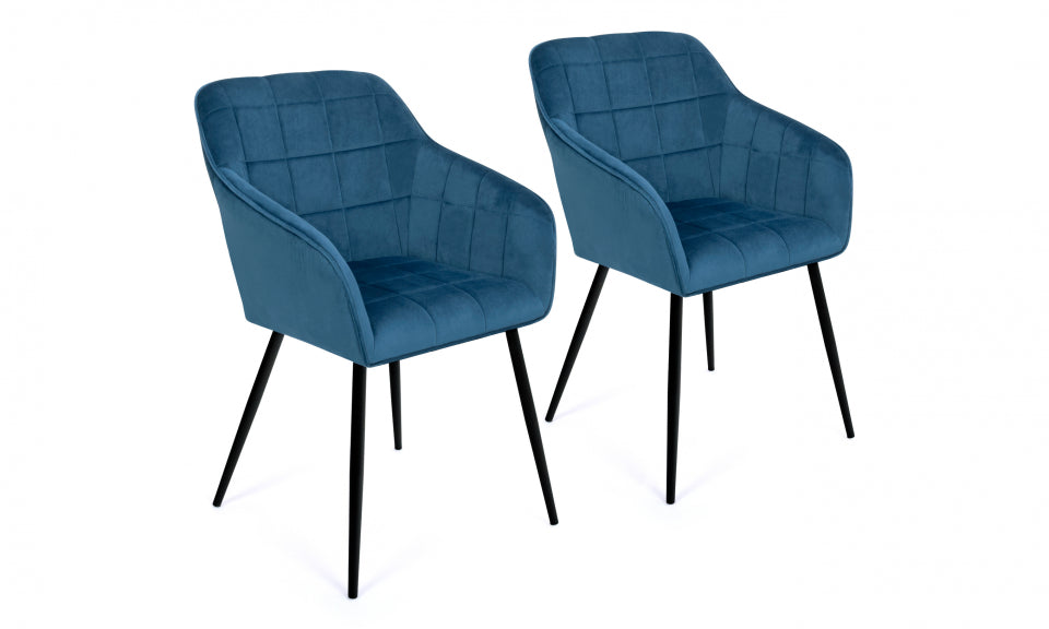 Chaises avec accoudoirs Melinda en velours bleu canard et pieds métal - lot de 2