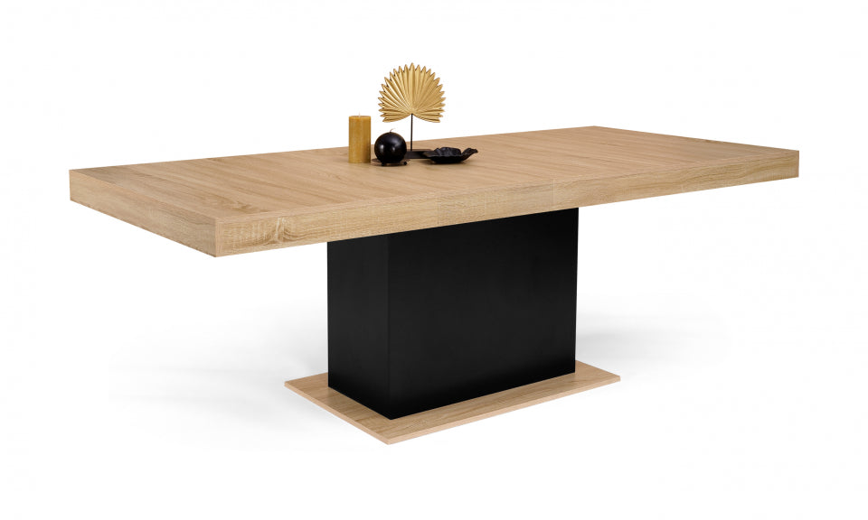 Table repas extensible Tania 160-200cm plateau bois et pied central noir