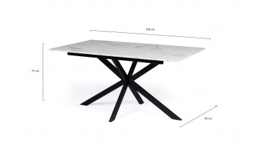 Table repas extensible Glam 160-200cm plateau effet marbre blanc et pieds croisés noirs