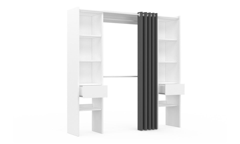 Dressing extensible blanc avec double colonne et penderie avec rideau gris 120-180x180cm