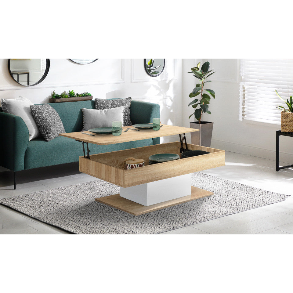 Table basse Tania avec plateau relevable bois et pieds blanc L110cm