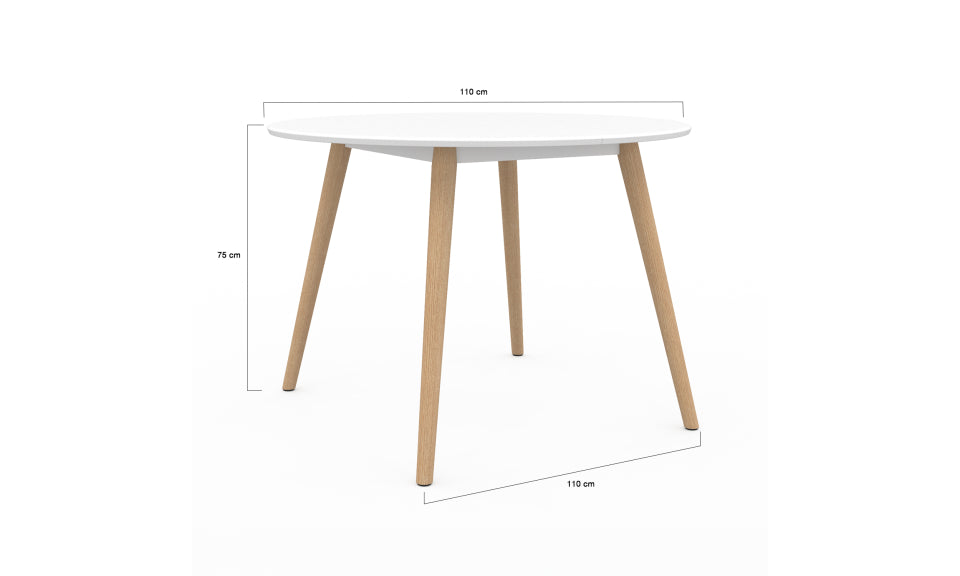 Table repas Stacy 110cm plateau rond blanc et pieds bois