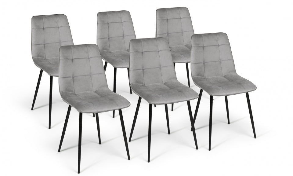 Chaises Linda en velours gris clair et pieds noirs - lot de 6