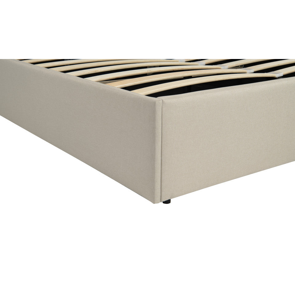Lit coffre Louise en tissu beige avec sommier et tête de lit arrondie 160x200cm