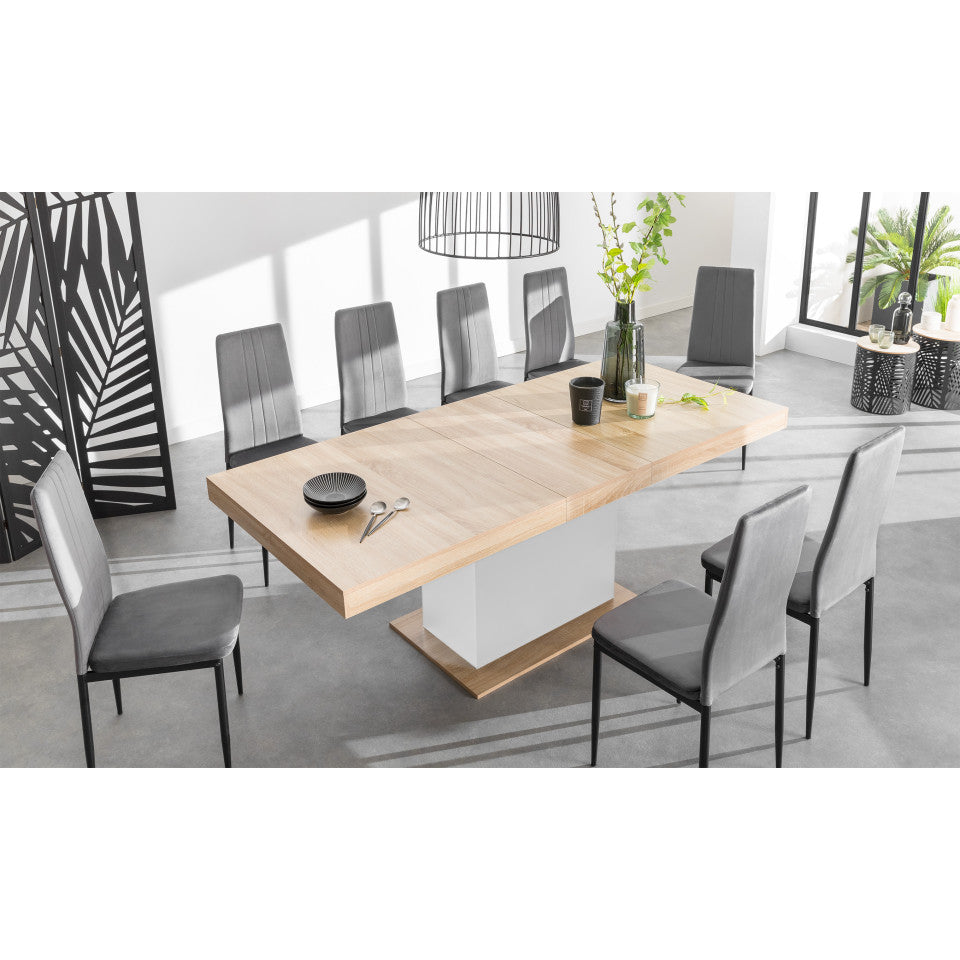 Table repas extensible Tania 200-250cm plateau bois et pieds central Blanc