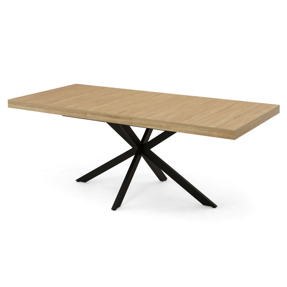 Table repas Spider plateau extensible 160-200cm bois avec rangement intégré et pieds croisés noirs