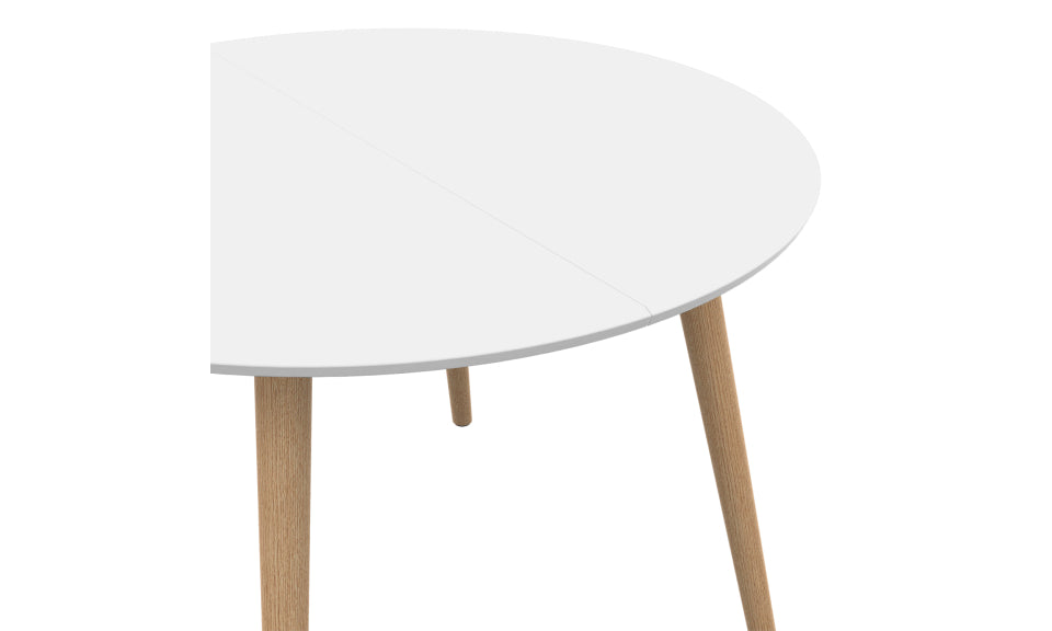 Table repas Stacy 110cm plateau rond blanc et pieds bois