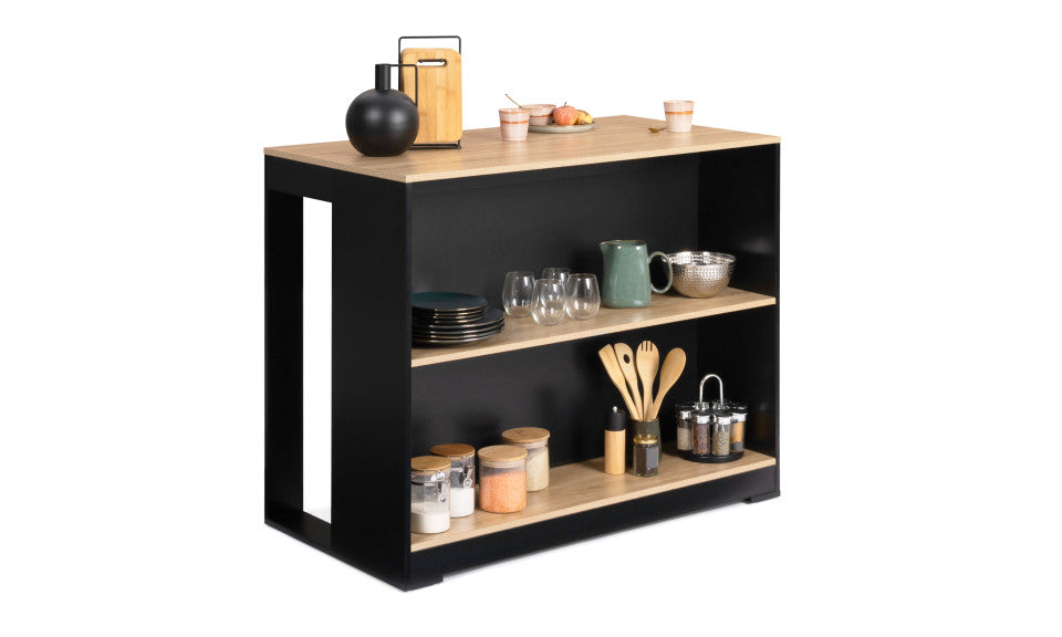 Ilot central de cuisine Nino L 113cm bois et noir avec rangements