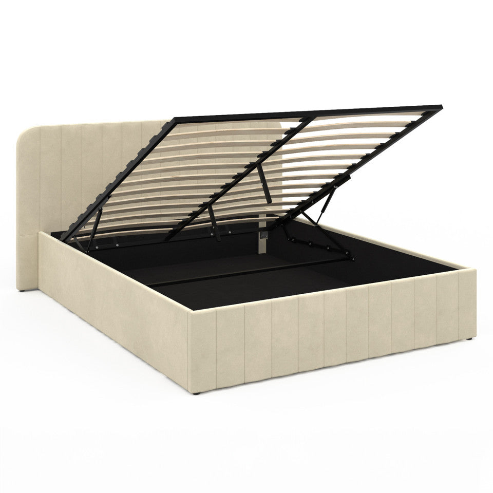 Lit coffre Valentina en velours beige avec sommier et tête de lit 160x200cm