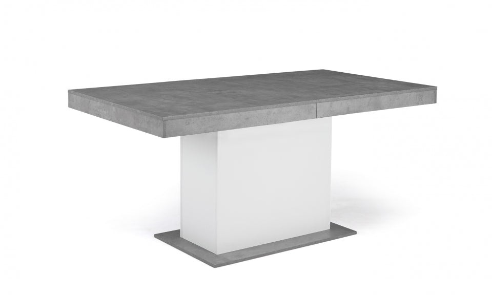 Table repas extensible Tania 160-200cm plateau effet béton et pieds central blanc