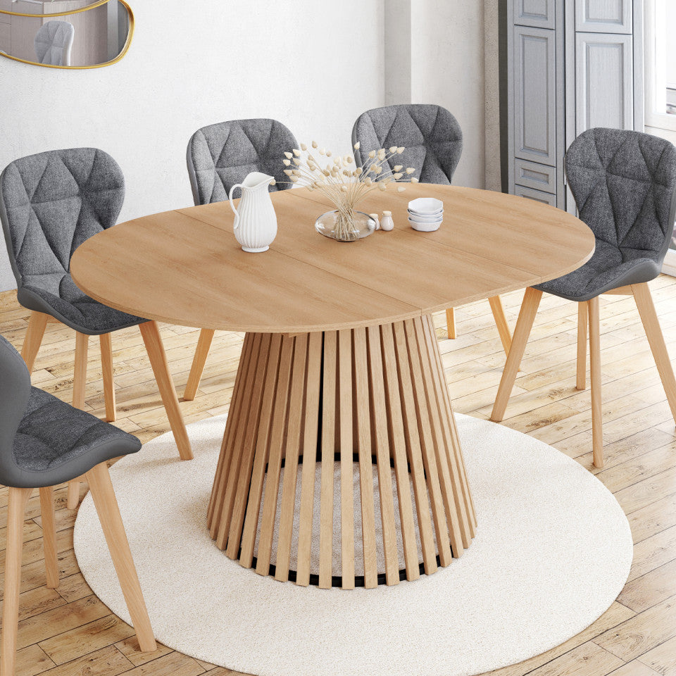Table repas Camélia plateau rond extensible 110-150cm et pieds lattes