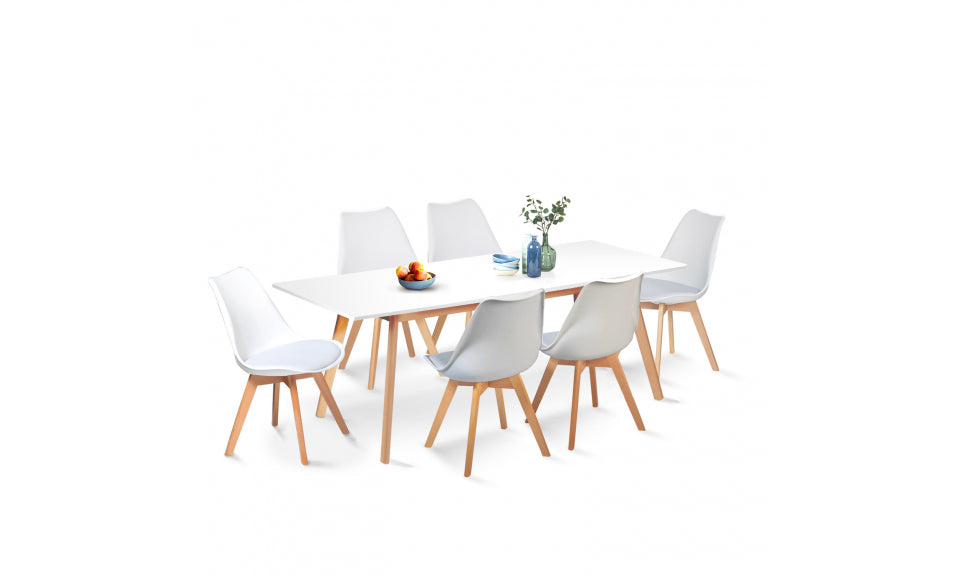 Table repas scandinave extensible 160-200cm plateau blanc et pieds bois