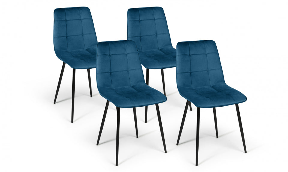 Chaises Linda en velours bleu et pieds noirs - lot de 4