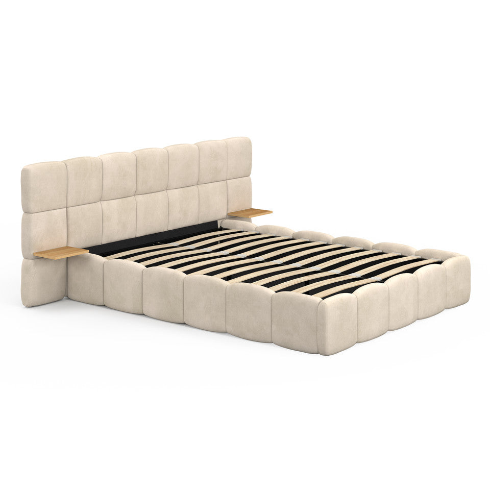 Lit coffre Bubble 140x190cm velours beige chevets intégrés