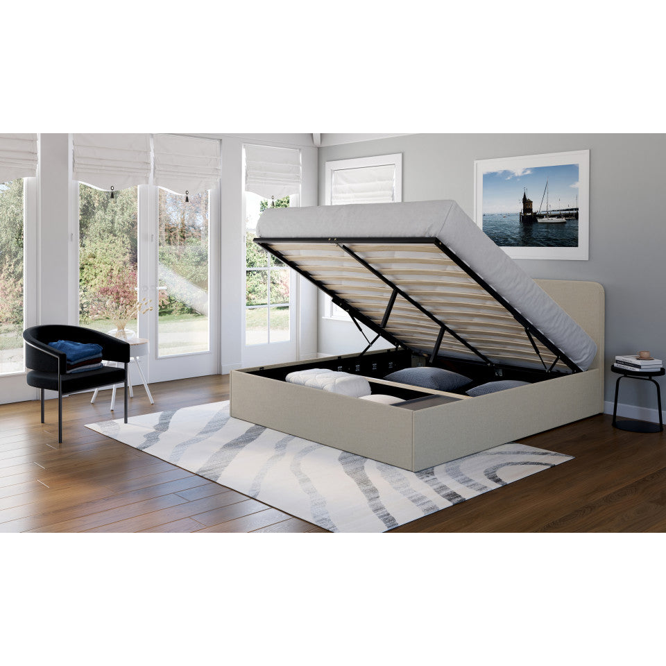 Lit coffre Louise en tissu beige avec sommier et tête de lit arrondie 160x200cm