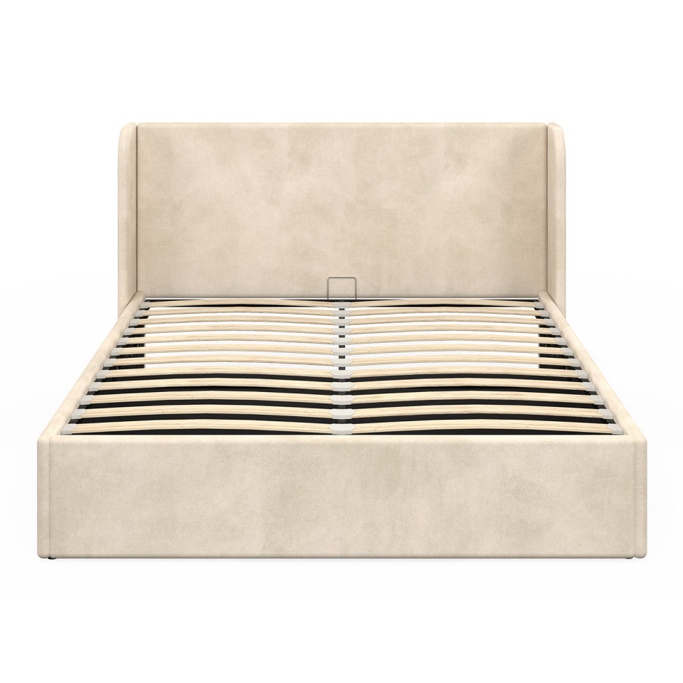 Lit coffre Lucia en velours beige avec sommier et tête de lit 140x190cm