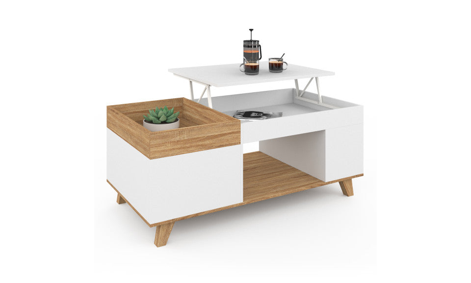 Table basse Stella avec plateau relevable et double coffre bois et blanc