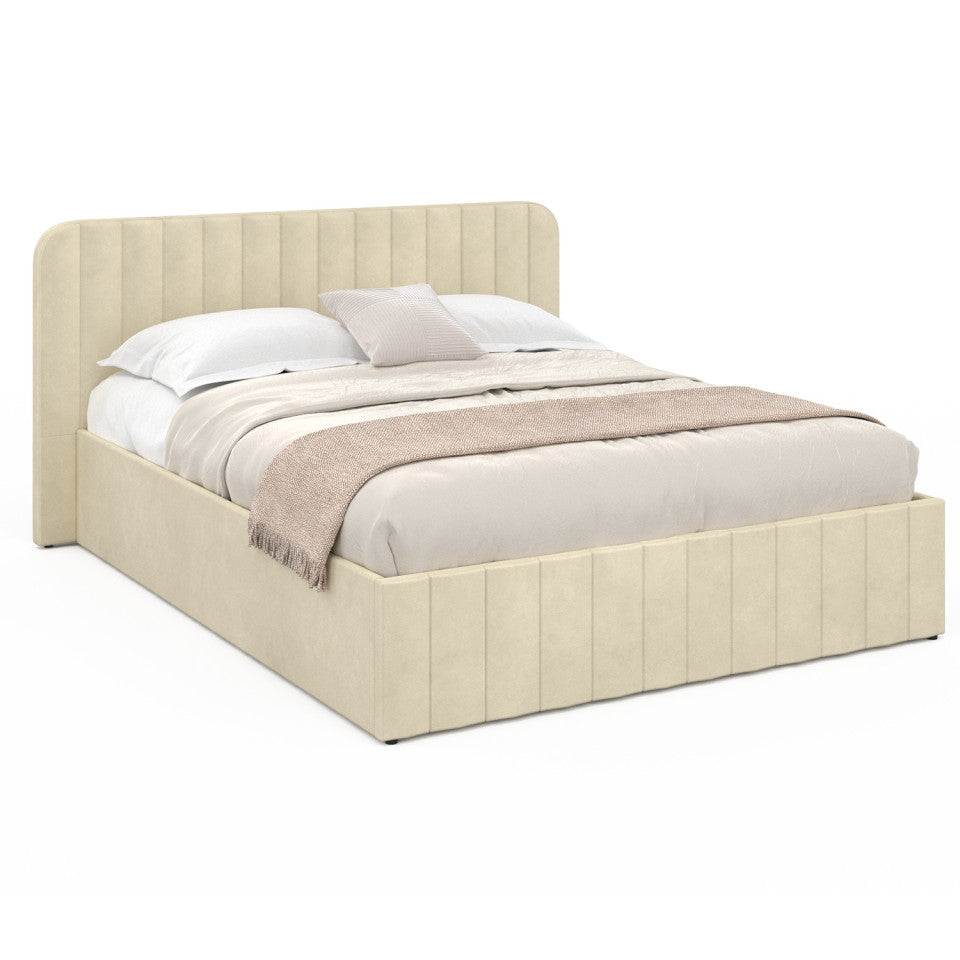Lit coffre Valentina en velours beige avec sommier et tête de lit 160x200cm
