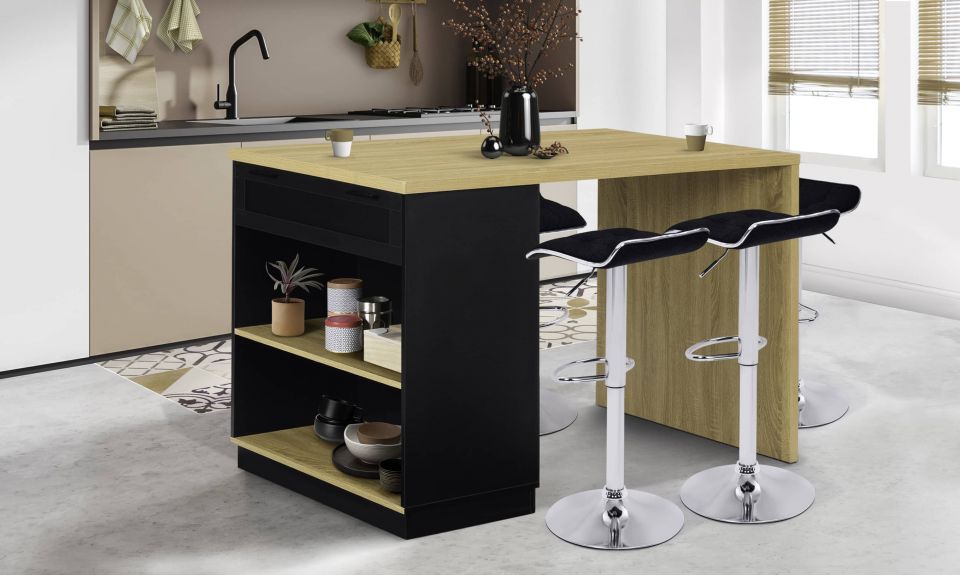 Ilot central de cuisine Marius L130cm bois et noir avec rangements