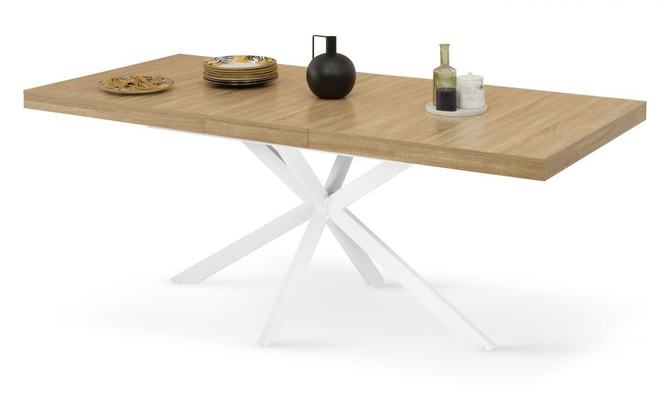 Table repas extensible Memphis 160-200cm plateau bois avec rangement intégré et pieds croisés blancs