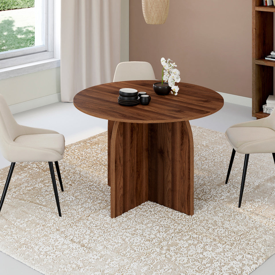 Table à manger ronde extensible Japandi pied central effet noyer Ø110-150cm