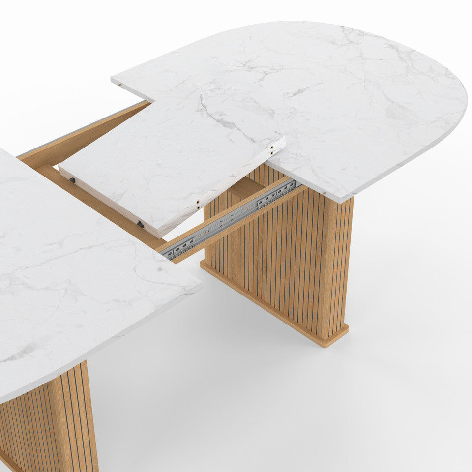 Table repas Marceau plateau extensible 160-200cm arrondi effet marbre et pieds lattes