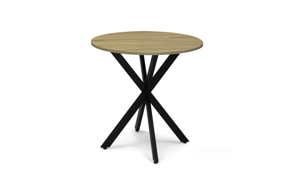 Table repas Soline 80cm plateau rond bois pieds croisés noirs