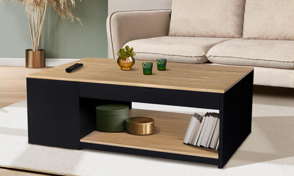 Table basse Elina avec double plateau relevable et coffre latéral noire et bois L110cm